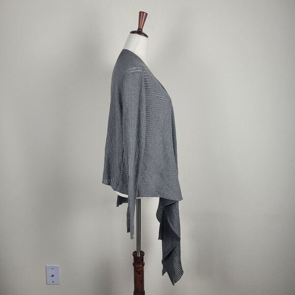 Eileen Fisher Sweater Women Gray Medium Ribbed Knit Angle Front Cardigan Minimal - Picture 2 of 7